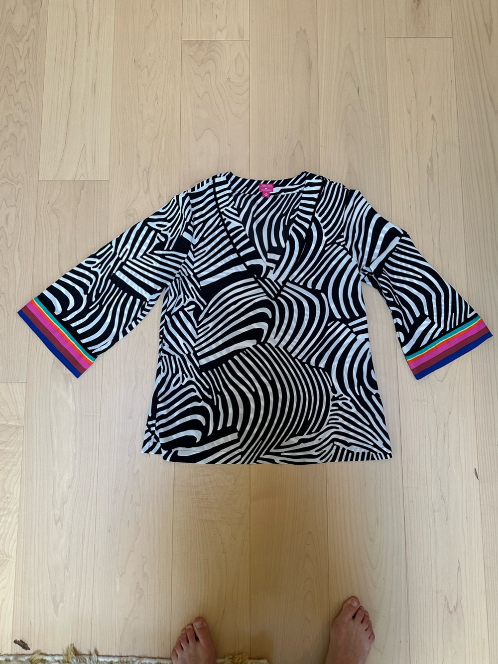 Trina Turk Black and White Swirl Tunic with Rainbow Stripe Cuffs